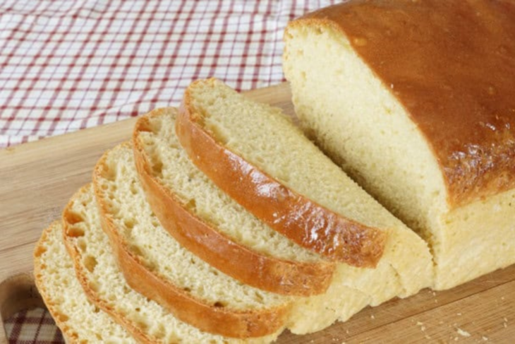 Einkorn basic white yeast bread loaf, sliced to show soft, airy crumb
