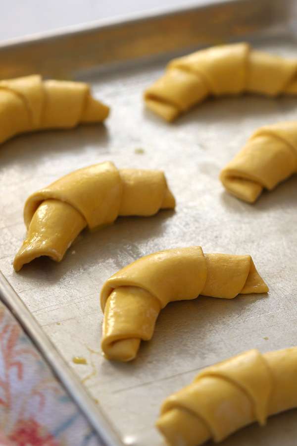 unbaked Einkorn crescent rolls on a baking sheet
