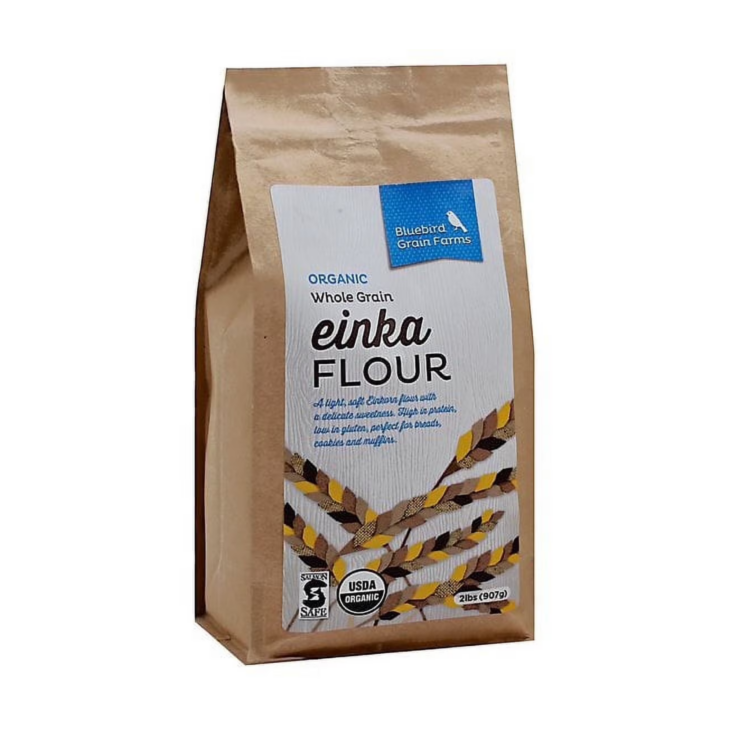 Kraft bag of Bluebird Grain Farms Organic Whole Grain Einka Flour.