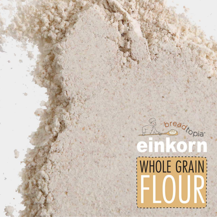 Close-up of einkorn whole grain flour with the Breadtopia logo.