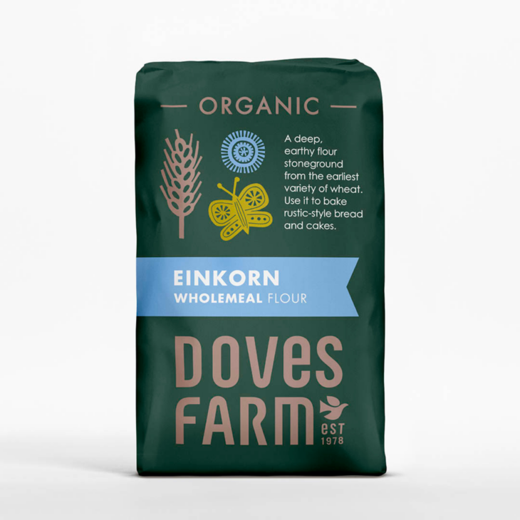 Dark green bag of Doves Farm Organic Einkorn Wholemeal Flour.
