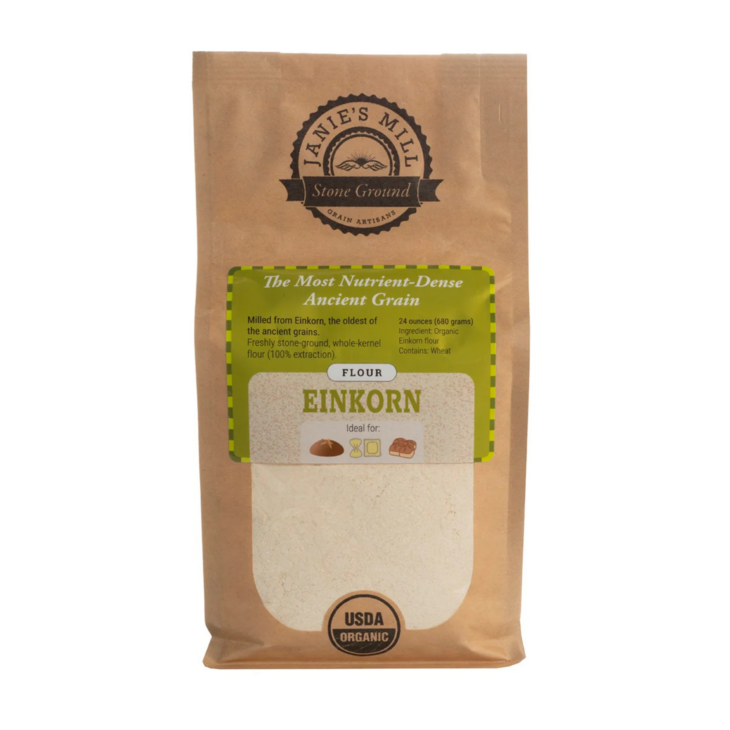 Kraft bag of Janie's Mill Stone Ground Einkorn Flour.