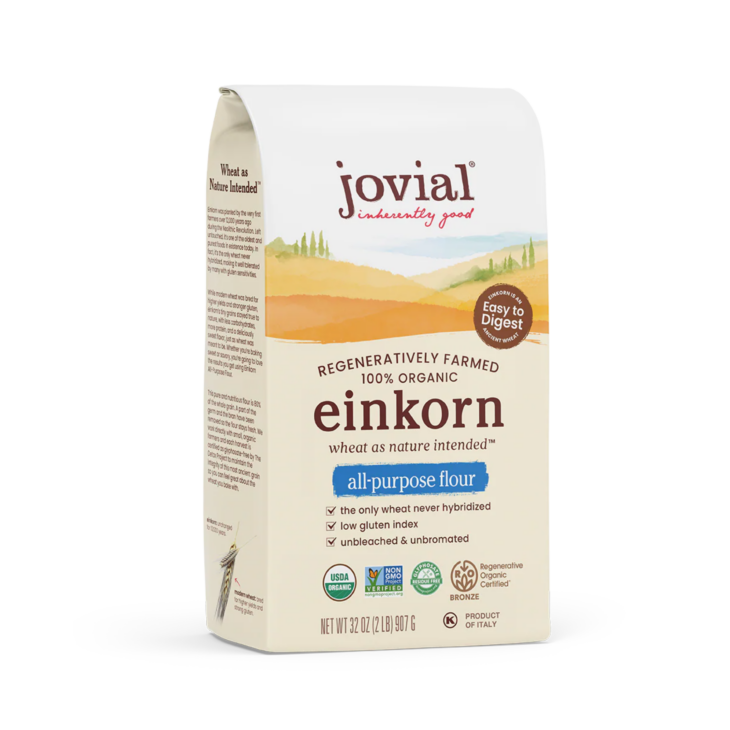 Jovial Organic Einkorn All-Purpose Flour in a 32 oz paper bag on a white background.