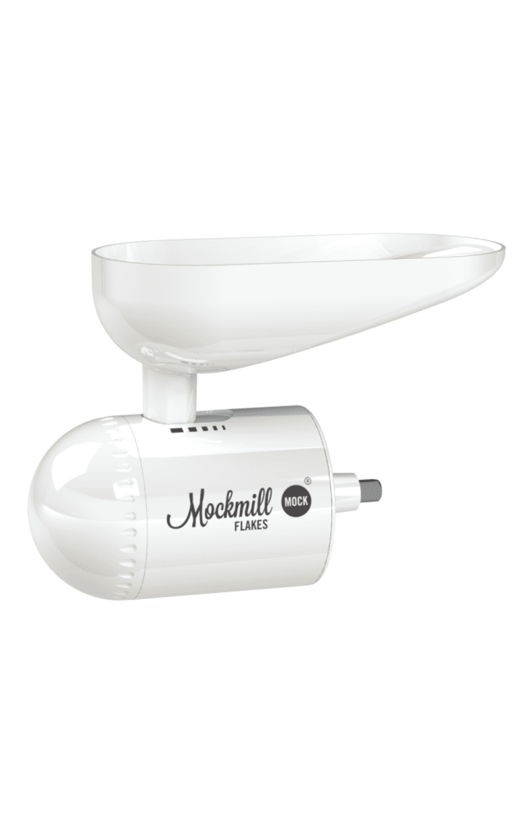 Grain mill with an attached hopper, set in a plain, white background. Text: “Mockmill Flakes MOCK.”